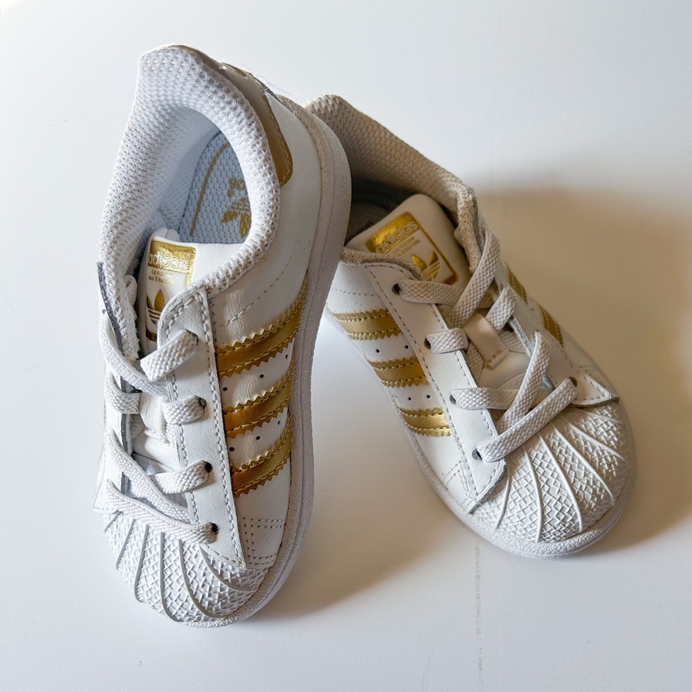 Cute Adidas Superstar Gold White Girl Boy Unisex Baby Sneakers Sz 7